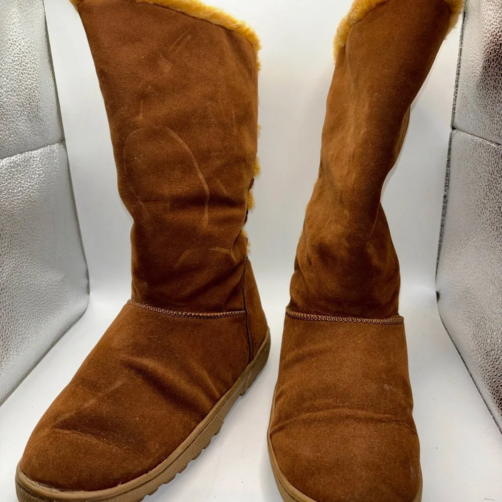 Rampage Adalina Women 6.5‎ Brown Faux Suede Fur Lined Back Lace Up Winter Boots